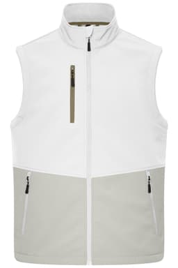 A softshell vest featuring a white upper section and a light grey lower section, with two front pockets and a logo.