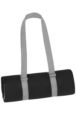 A rolled black picnic blanket secured with grey straps, featuring a logo on the side.