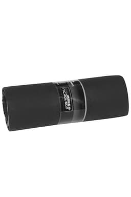 A black picnic blanket rolled up with a branding label attached.