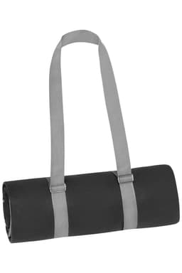 A rolled black picnic blanket with grey straps for easy carrying. It features a simple, functional design.