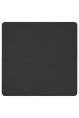 A dark grey picnic blanket with a smooth surface and rounded corners, featuring a logo on one side.