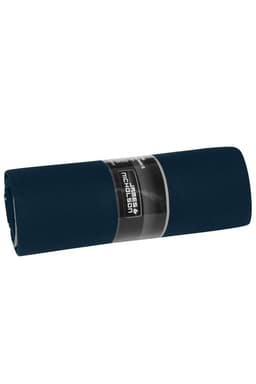 A rolled navy picnic blanket with a branded label wrapped around it.