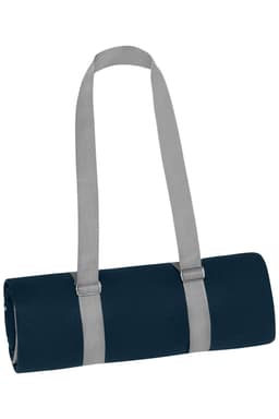 A rolled navy picnic blanket secured with grey straps, featuring a logo on the fabric.
