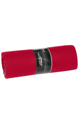 A rolled red picnic blanket with a black label. The blanket is smooth and neatly folded for storage.