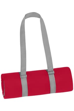 A rolled red picnic blanket secured with grey straps, featuring a simple design and no visible branding.
