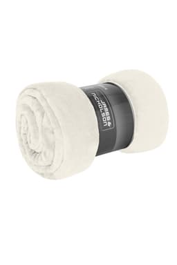 A rolled microfibre fleece blanket in a soft cream colour, featuring a branding label.
