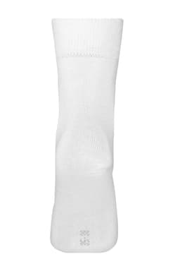 A pair of white sports socks, featuring a logo, designed for athletic use.