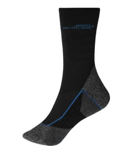 Black socks with grey accents and a blue logo, designed for workwear use.