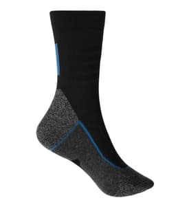 A pair of black and grey worker socks with a blue accent, featuring a logo on the side.