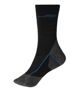 A pair of black and grey work socks with blue detailing and a logo. Suitable for various work environments.