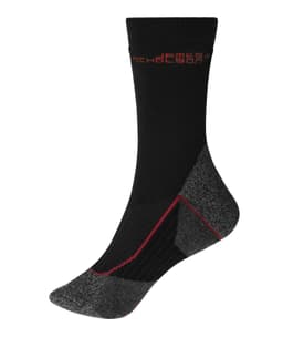Black and grey work socks with cushioning and a logo on the cuff, designed for warmth and comfort.
