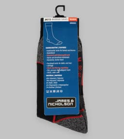 A pair of warm, unisex worker socks in black and grey with red accents, featuring a branding label.