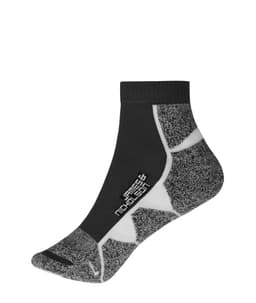 Sport sneaker socks in black with grey textured patterns and a logo on the side. Ideal for sports and active wear.