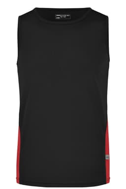 A black men's running tank top featuring red side accents and a logo. Simple and sporty design.