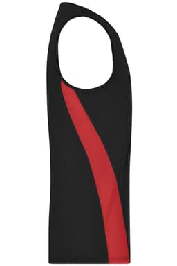A black men's running tank with a red side stripe and a logo. Features a sleeveless design.