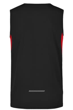 A black men's running tank with red accents and a logo. The design features a sleeveless style.