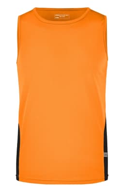 An orange men's running tank top with black side panels and a logo on the front.