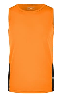 An orange men's running tank top with black side panels, featuring a logo on the front.