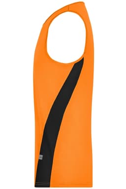 An orange men's running tank top featuring a black side panel and a logo at the hem.