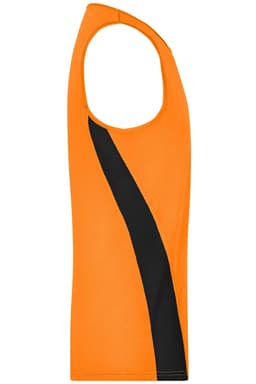 An orange men's running tank featuring a black side stripe and a round neck design. It has a logo on the front.