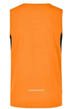 An orange men's running tank with black detailing and a logo on the back.