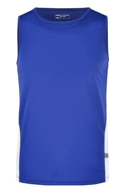 A blue men's running tank top with white side panels and a logo.