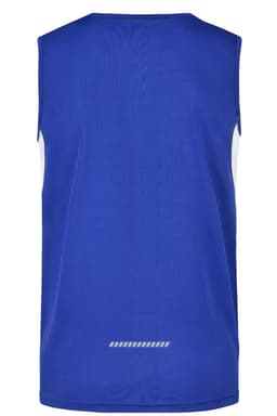 A blue men's running tank featuring a sleeveless design and a logo on the back.