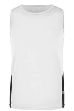 A men's running tank in white with black side panels and a logo. Suitable for athletic wear.