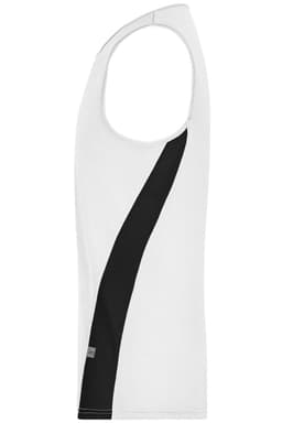 A white men's running tank with a black diagonal stripe, featuring a logo on the side.