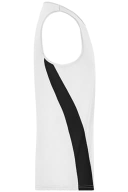 A white men's running tank top featuring a black diagonal stripe, with a logo on the design.