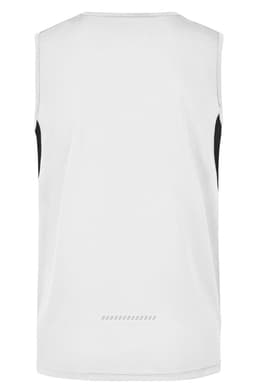 A white men's running tank with black side panels and a simple design, featuring a logo on the back.