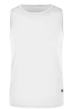 A white men's running tank top featuring a sleeveless design and a logo on the side.