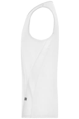 A white men's running tank top with a sleek design and a branded logo.