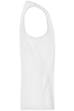 A white men's running tank featuring a sleeveless design and a logo. Ideal for active wear.