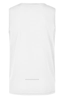 A white men's running tank top featuring a simple design and a logo on the back.