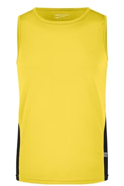 A yellow men's running tank with black side panels and a logo on the front.