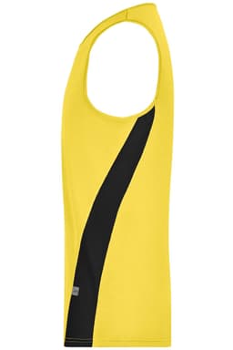 A yellow men's running tank featuring a black side panel and a logo. Perfect for athletic wear.