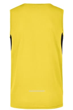 A yellow men's running tank with black side panels and a branding logo on the back.