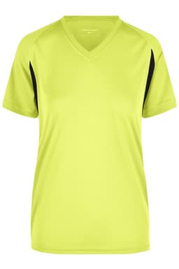 A fluorescent yellow and black ladies' T-shirt with a V-neck design and short sleeves. Features a logo.