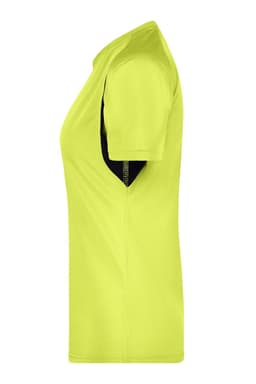 A side view of a ladies T-shirt in fluoro yellow and black, featuring a branded logo on the chest.