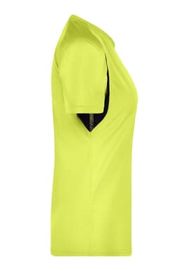 A side view of a ladies T-shirt in fluoro yellow and black, featuring a logo on the garment.