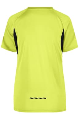A vibrant fluoro yellow T-shirt with black accents, featuring a sporty design and a logo.