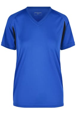 A blue ladies' running T-shirt with short sleeves and black accents, featuring a logo.