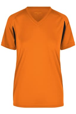 A short-sleeved V-neck T-shirt in bright orange with black accents and a logo.