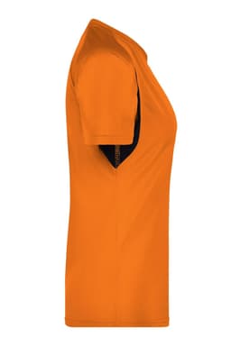 A side view of a women's T-shirt in bright orange with black detailing and a logo.