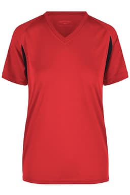 A red V-neck T-shirt with black accents, featuring a logo on the front. Suitable for ladies' running.