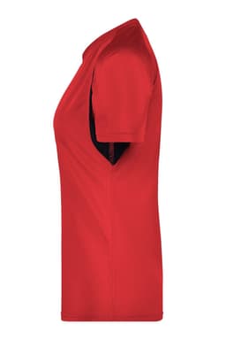 A women's T-shirt in bright red with short sleeves and a sleek design, featuring a logo on the front.