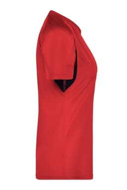 A red short-sleeved women's T-shirt with a fitted design and logo detailing.