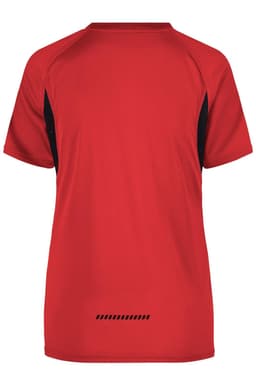 A red T-shirt with black side panels and short sleeves, featuring a logo on the back.