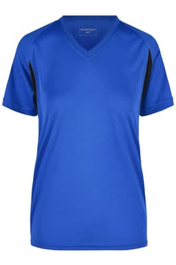 A blue T-shirt with black accents, featuring a V-neck and short sleeves. It has a logo on the front.